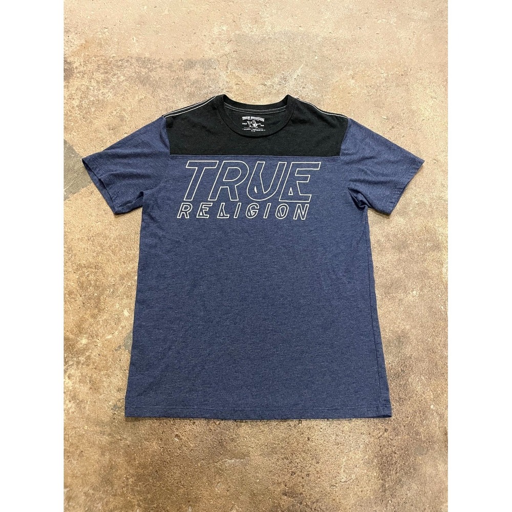 True Religion World Tour T Shirt Mens M Blue Black Spellout Logo Short‎ Sleeve